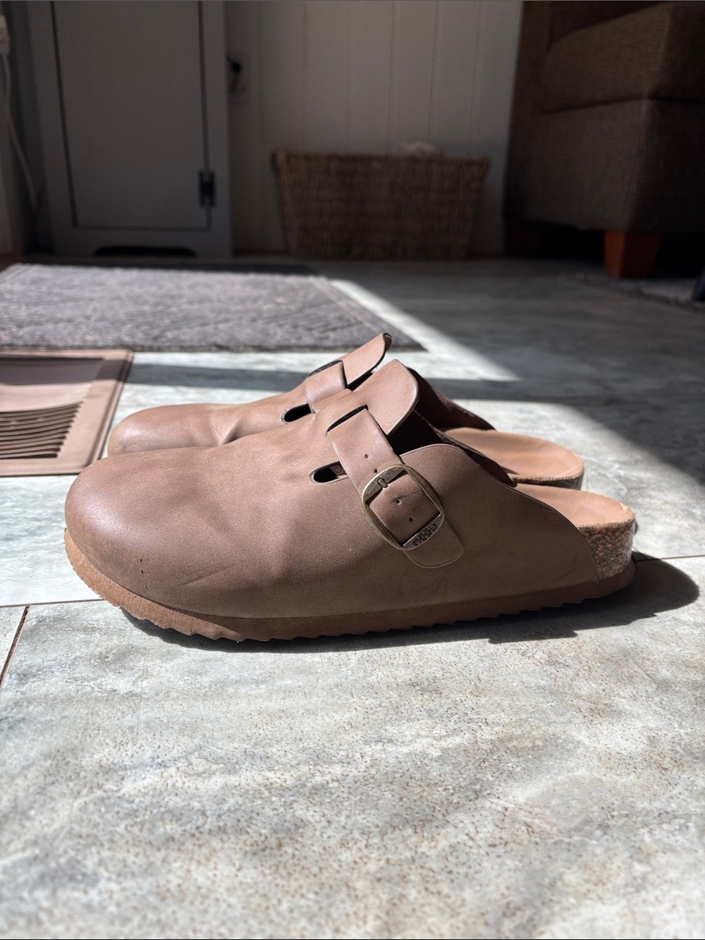 MadLove women’s Tan Slip-On Clog. Clean footbeds, Decent wear on soles